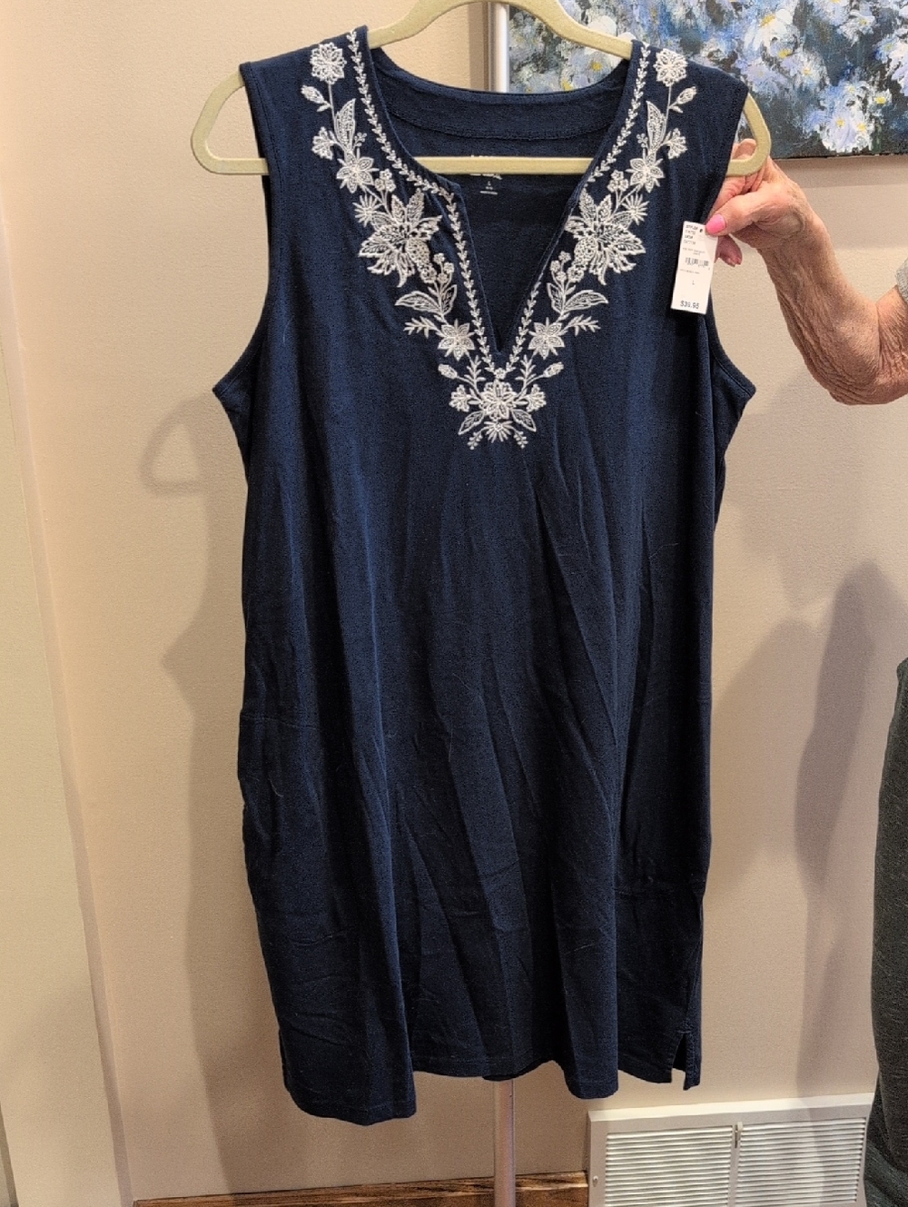 Navy Embroidered V-Neck Sleeveless Tunic